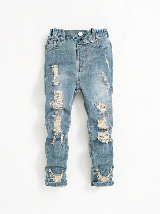 Young Boy Irregularly Ripped Fitted Denim Jeans