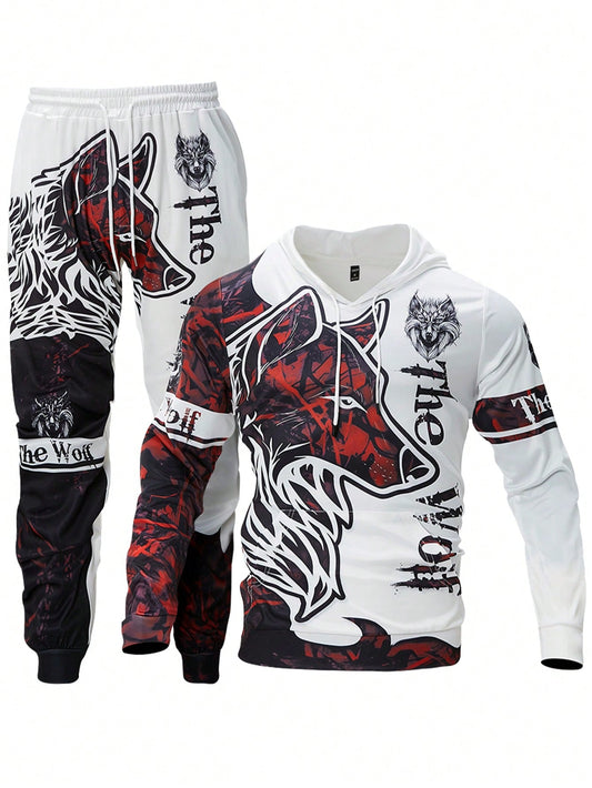 Men's Wolf & Letter Print Drawstring Hoodie Sweatshirt And Sweatpants Set