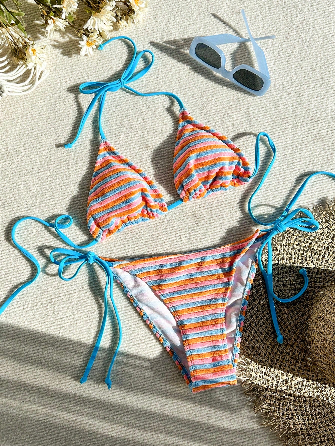 Swim Mod Summer Beach Striped Triangle Tie Side Bikini Set