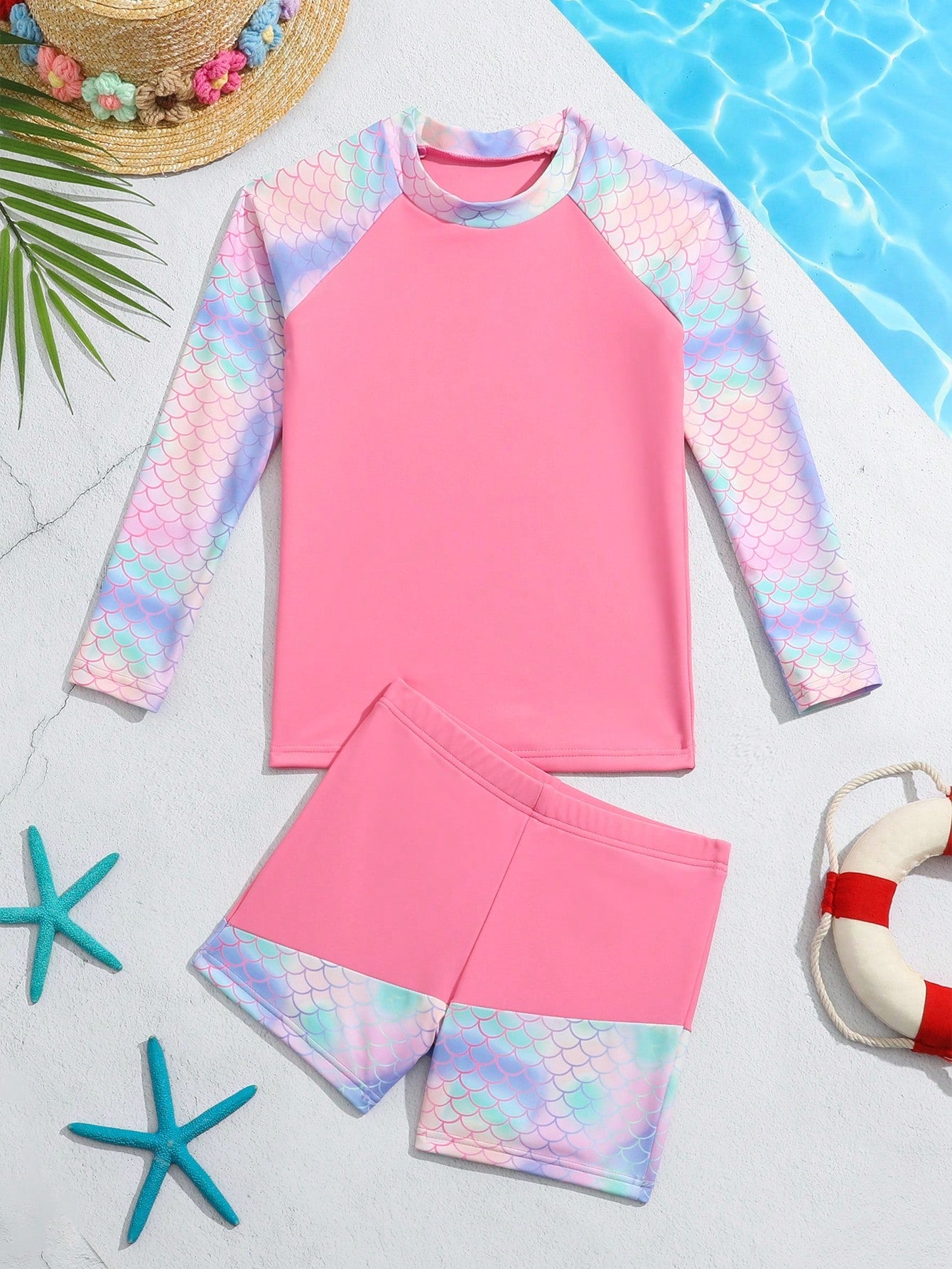 Young Girl Fish Scale Print High Neck Shorts Bikini Swimsuit