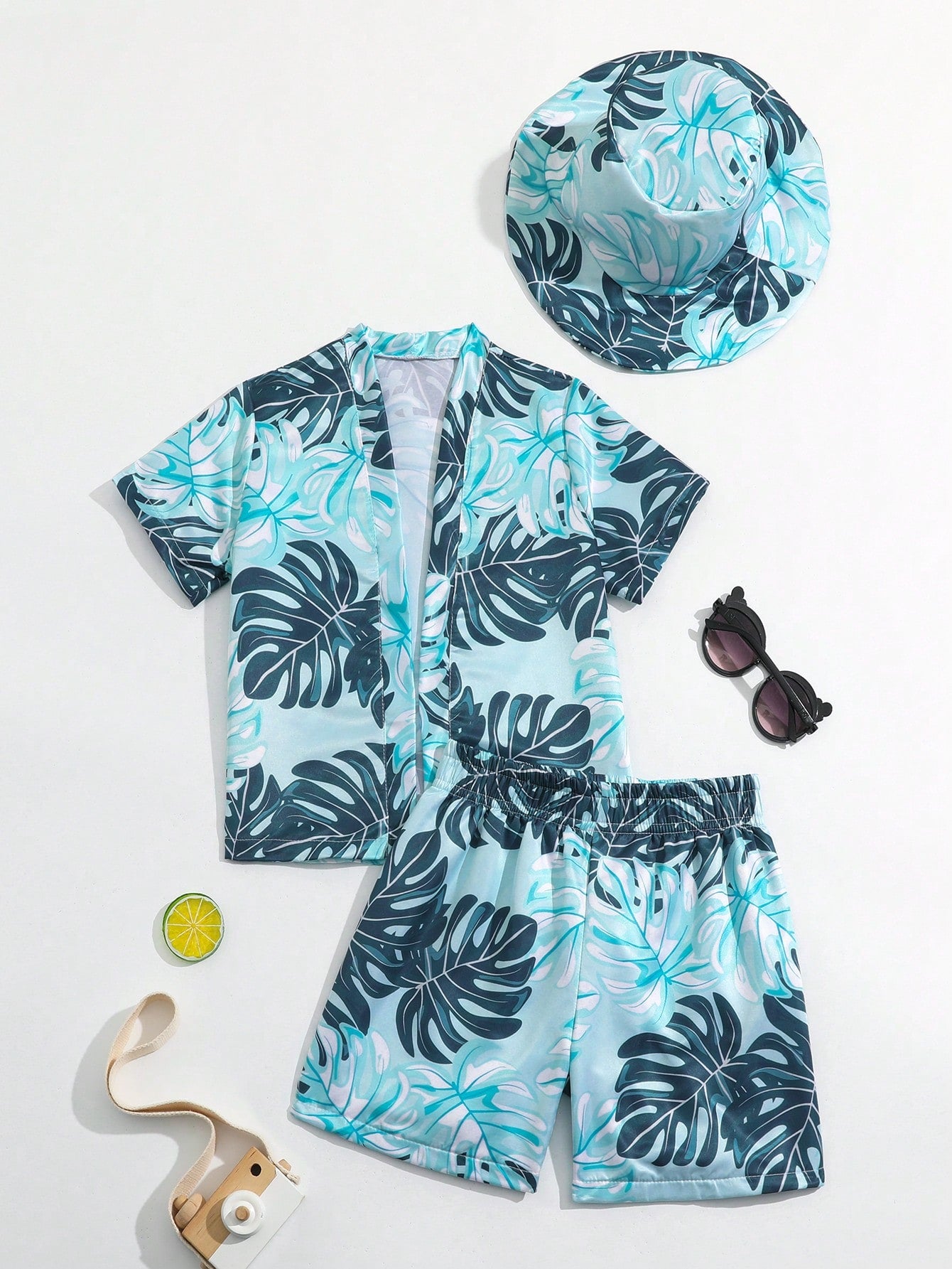 Young Boy Tropical Print Kimono & Beach Shorts & Hat