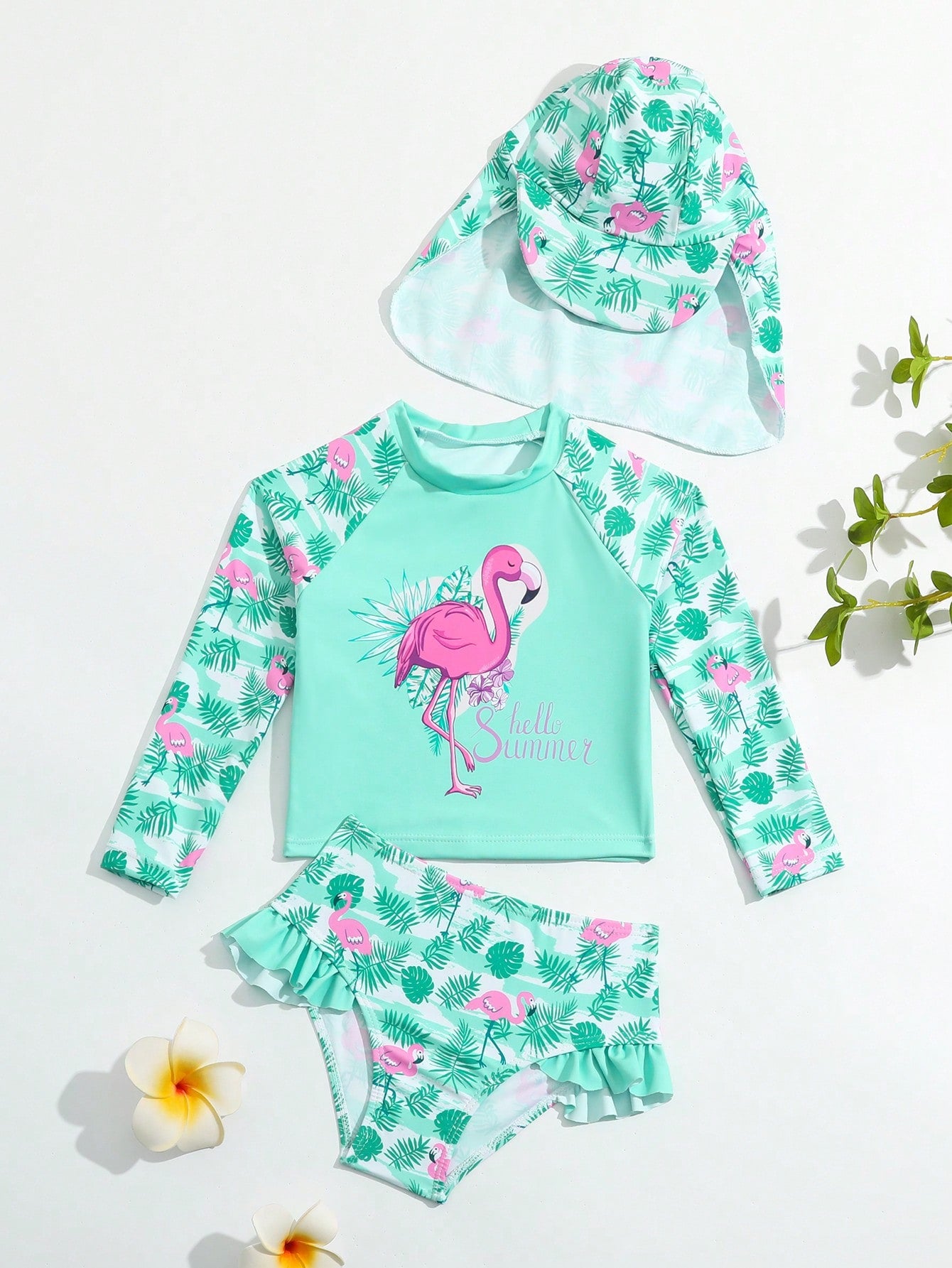 Young Girl Flamingo Print Ruffle Hem Tankini & Hat Summer Beach