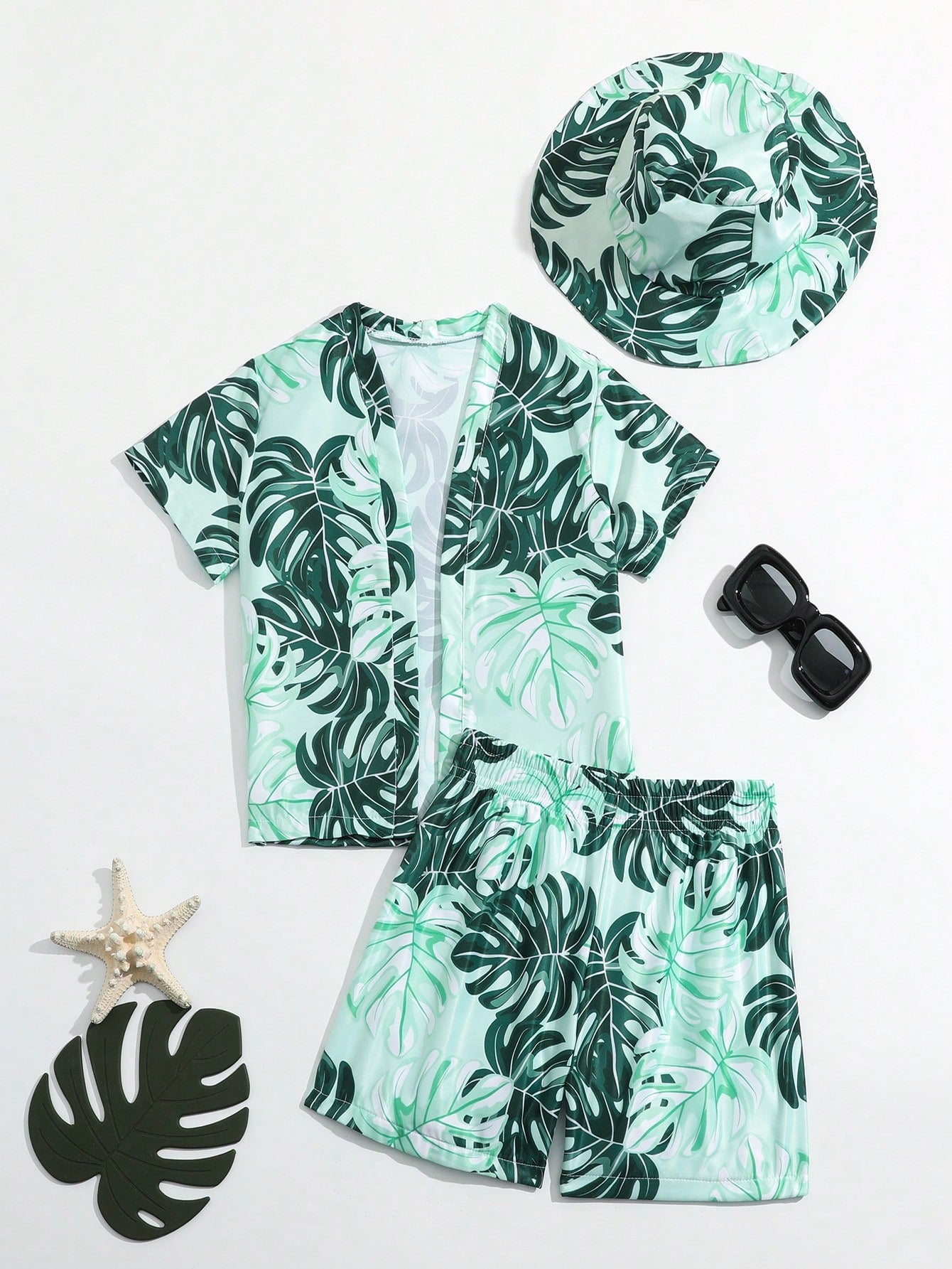 Young Boy Tropical Print Kimono & Beach Shorts & Hat