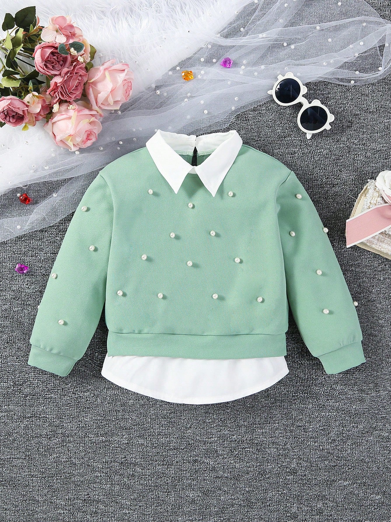 Young Girl Pearl Beaded Contrast Collar 2 In 1 Sweatshirt