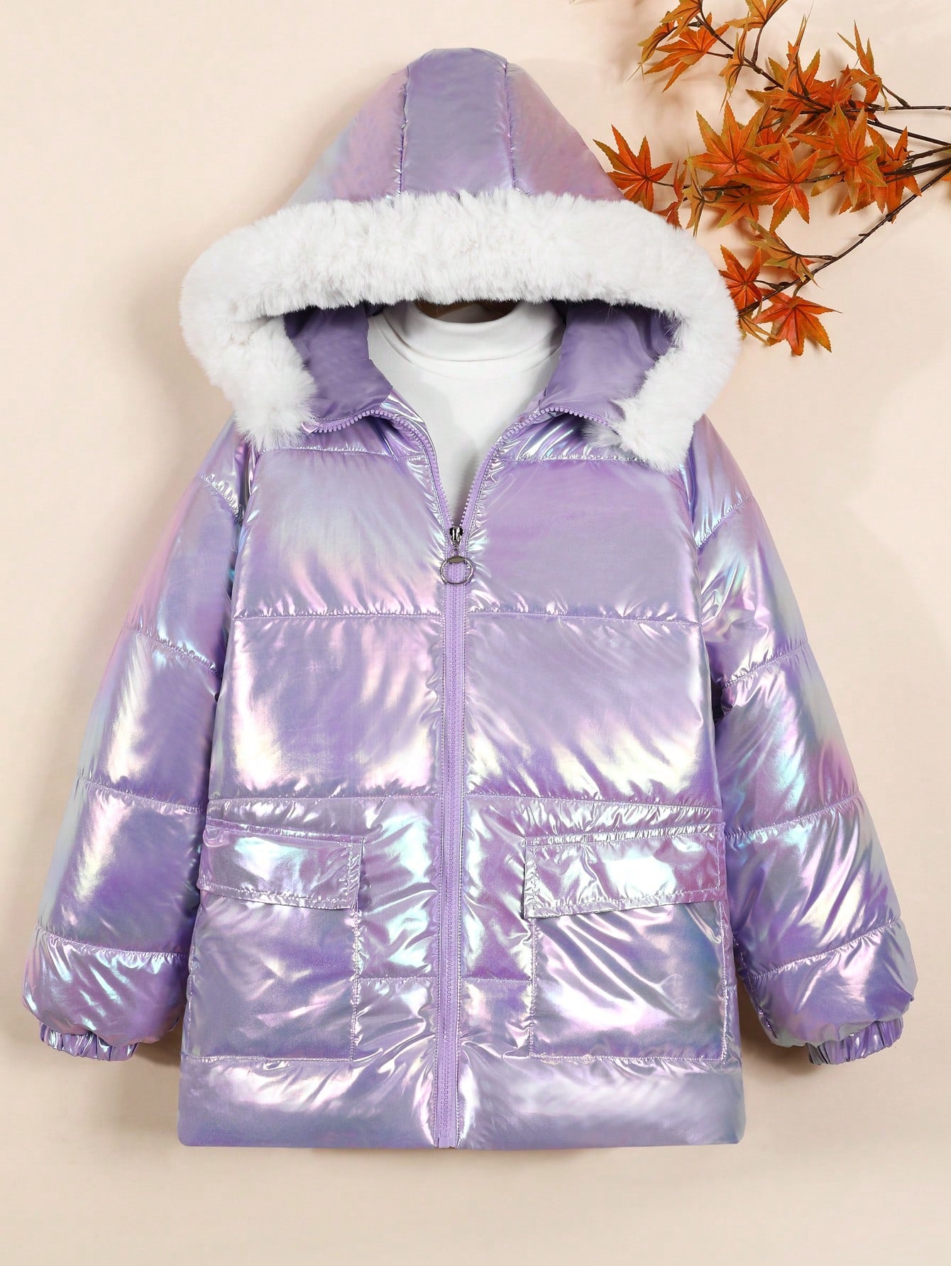 Girls' Stylish Hooded Decor Mid-length Padded Jacket