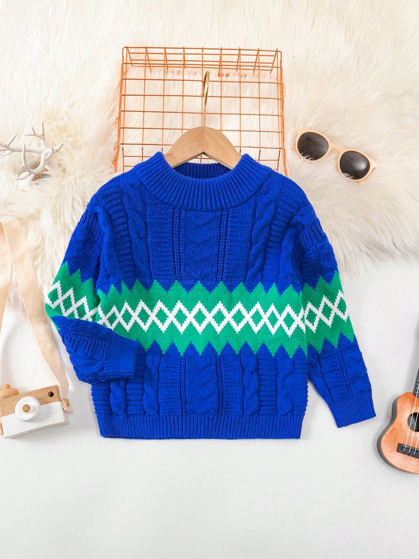 Boys' Color Blocked Geometric Pattern Cable Knitted Sweater