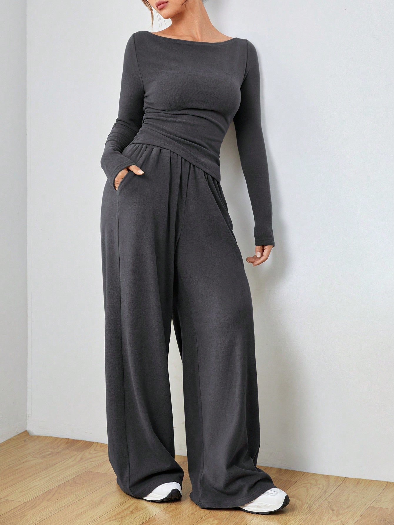 Knitted Women's Slim Fit Boat Neck Long Sleeve Top And Wide Leg Pants Set