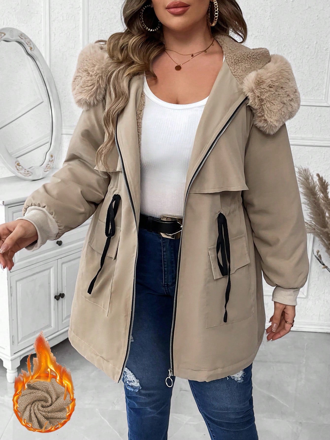 Plus Drawstring Waist Fuzzy Trim Hooded Parka Coat