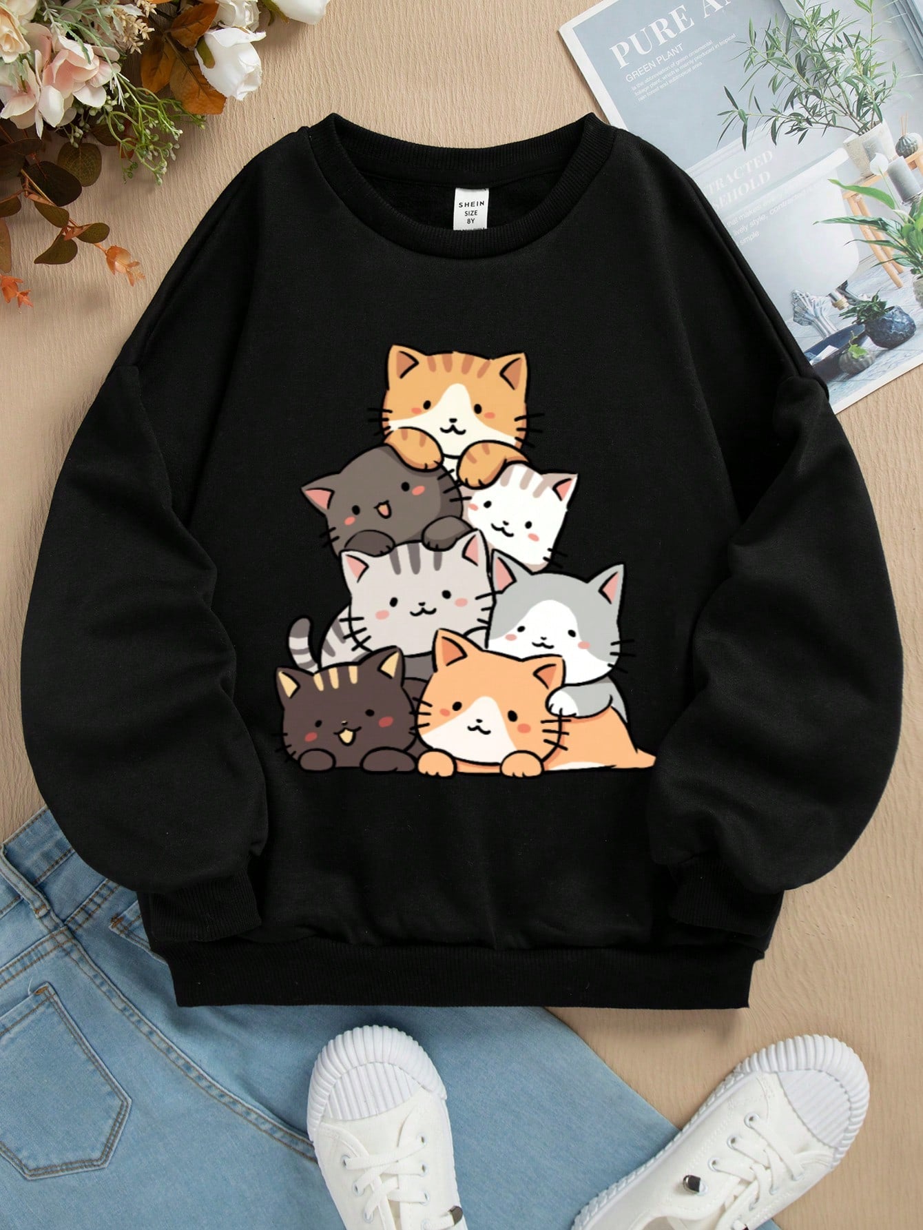 Tween Girl Round Neck Long Sleeve Casual Cat Print Tween Girl Hoodie With Cartoon Design Lining, Warm Sports Jacket