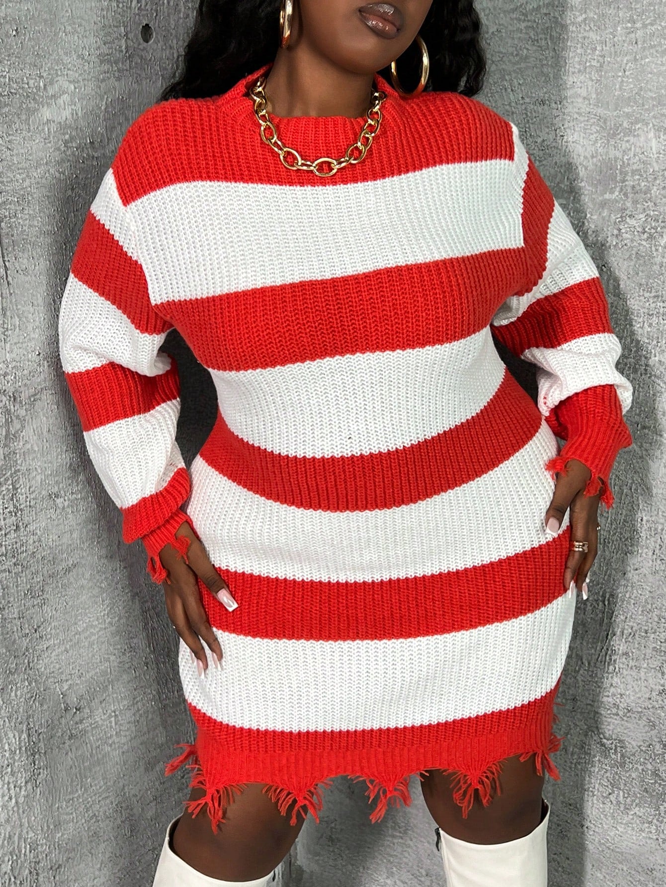 Plus Striped Trim Cable Knit Drop Shoulder Sweater Dress