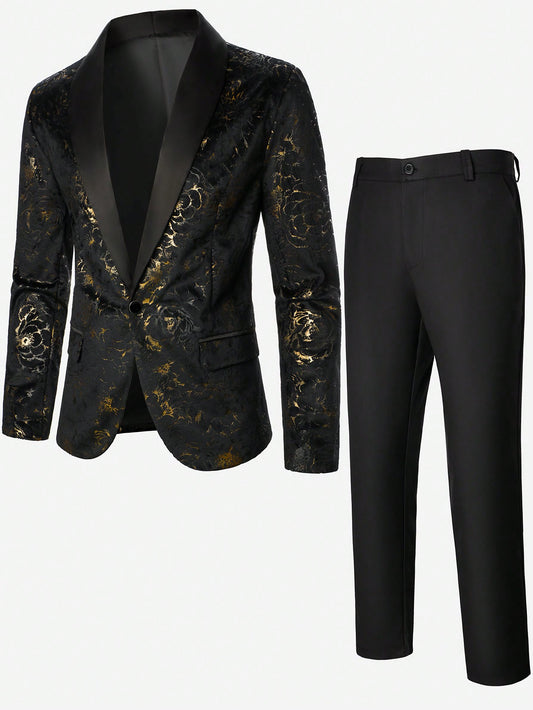 Men Allover Print Shawl Collar Blazer & Suit Pants