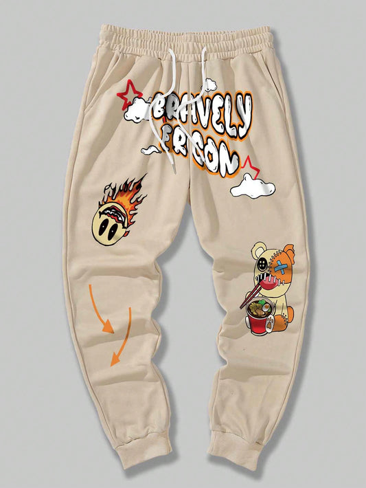 Street Life Men Cartoon & Letter Graphic Drawstring Waist Sweatpants