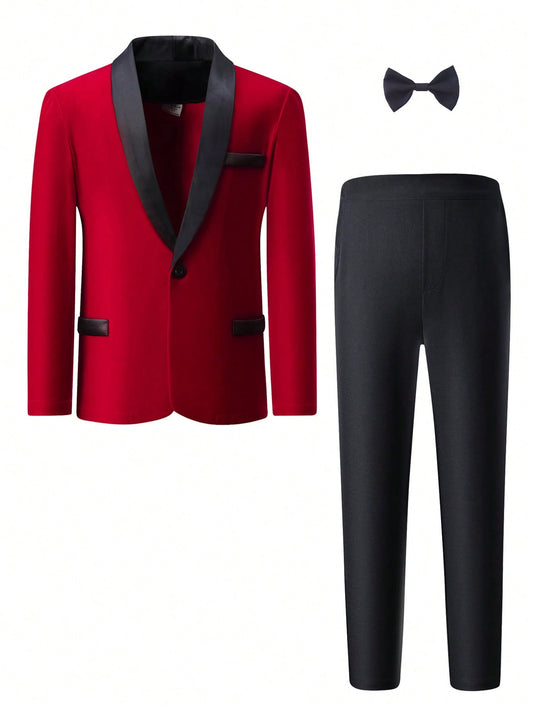 Tween Boy Gentleman 2pcs Formal Suit Set, Festival Party And Birthday Party Outfit, Fashionable Red Suit For Wedding And Evening Event