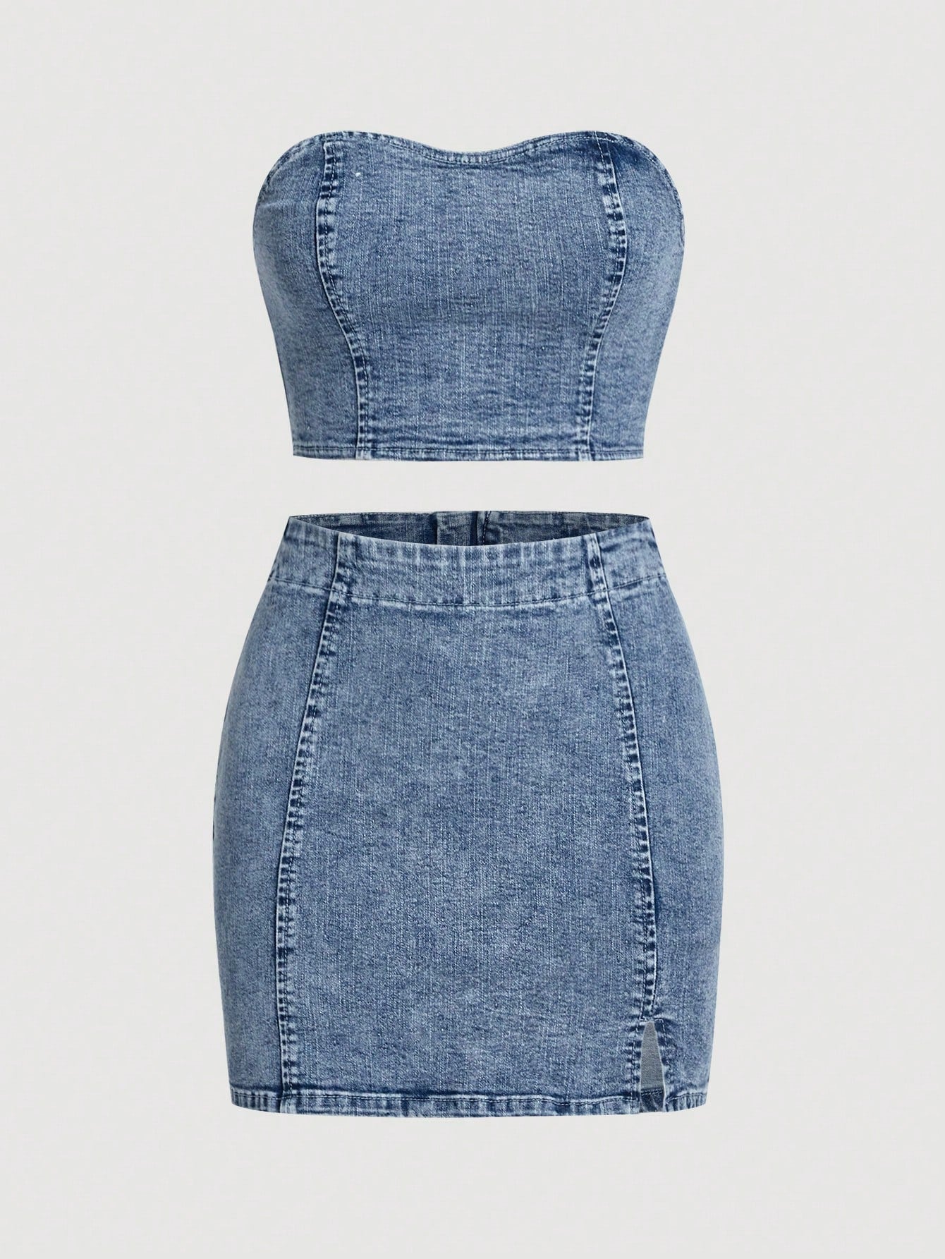 Women'S Strapless Top And Bodycon Denim Skirt Suit