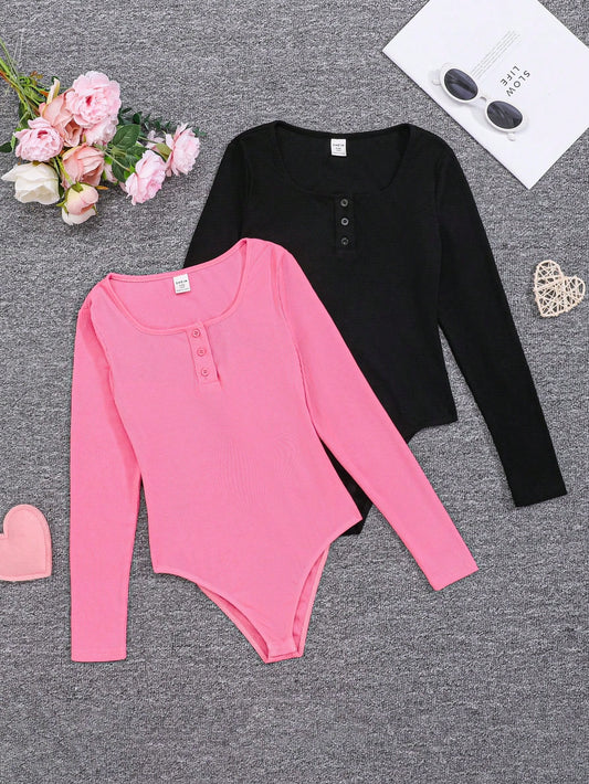 Tween Girl Sports Street Fashion Knitted Solid Color Square Collar Long-Sleeved Jumpsuit Multi-Pack