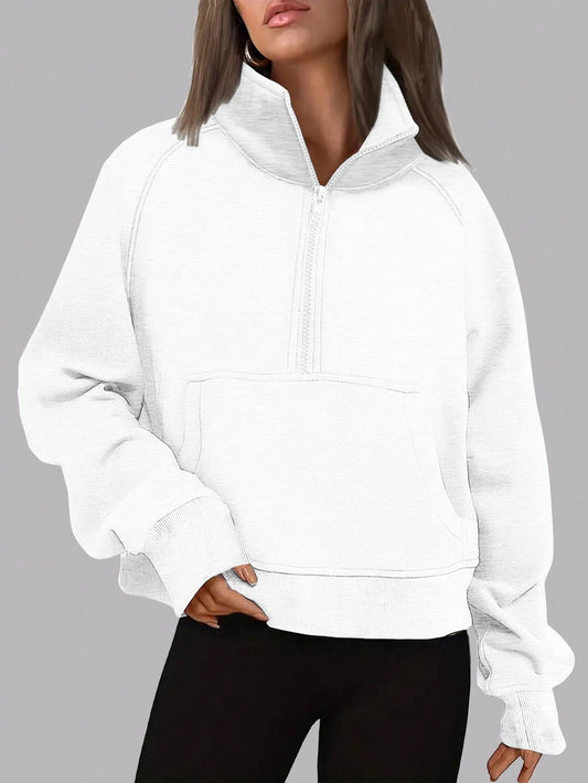 Women's Solid Color Zipper Half Placket Sweatshirt With Raglan Sleeve