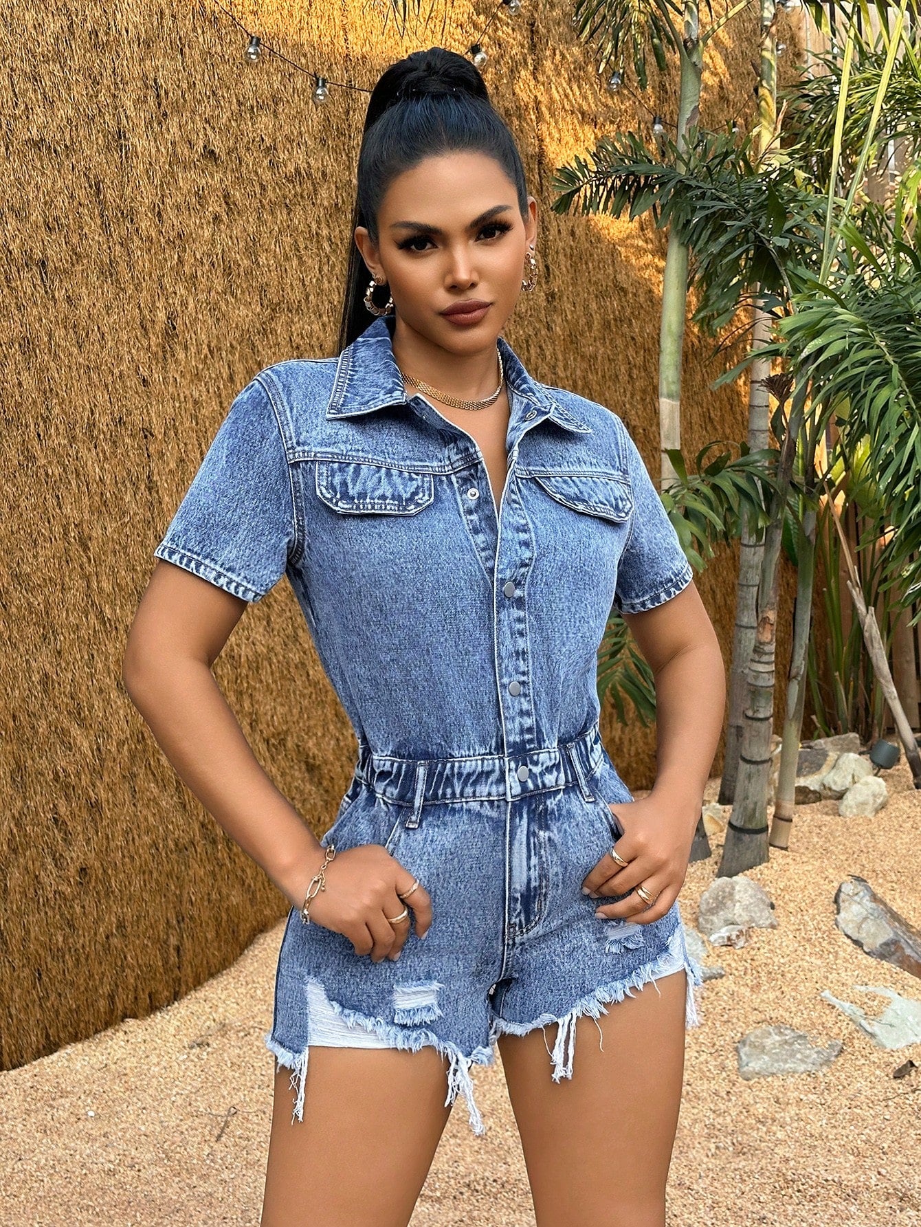 Flap Detail Raw Hem Denim Romper