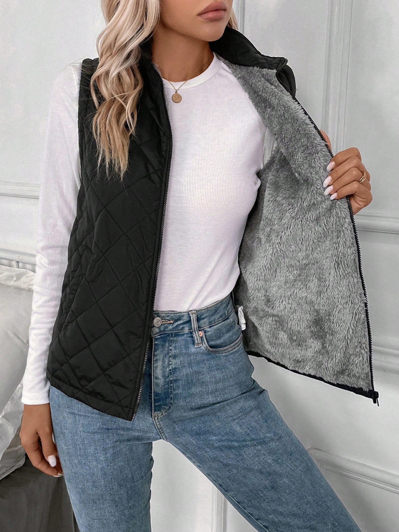 Zip Up Teddy Lined Vest Quilted Coat