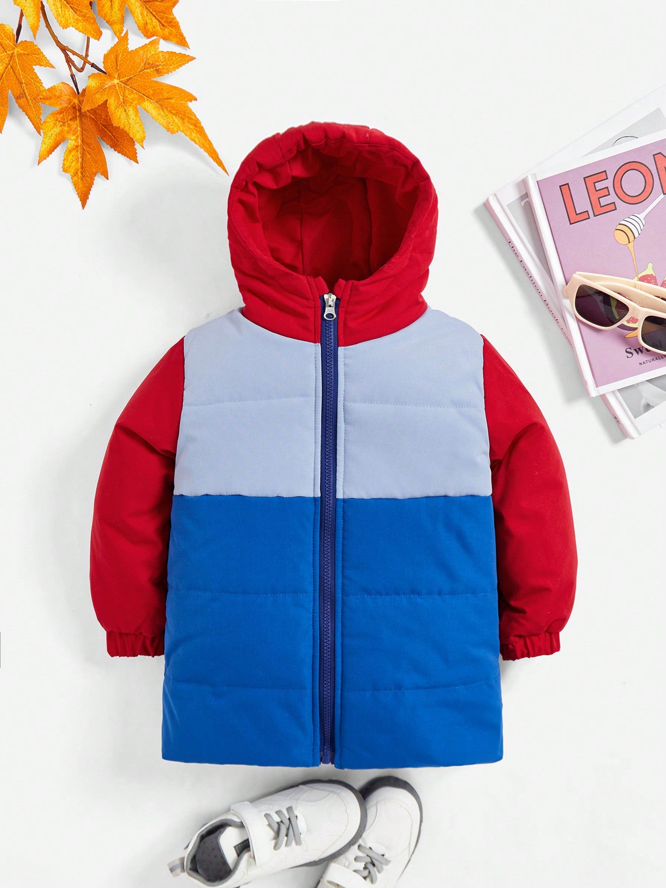 Boys' Hooded Multi-color Patchwork Winter Padded Coat, Keep Warm For Autumn And Winter