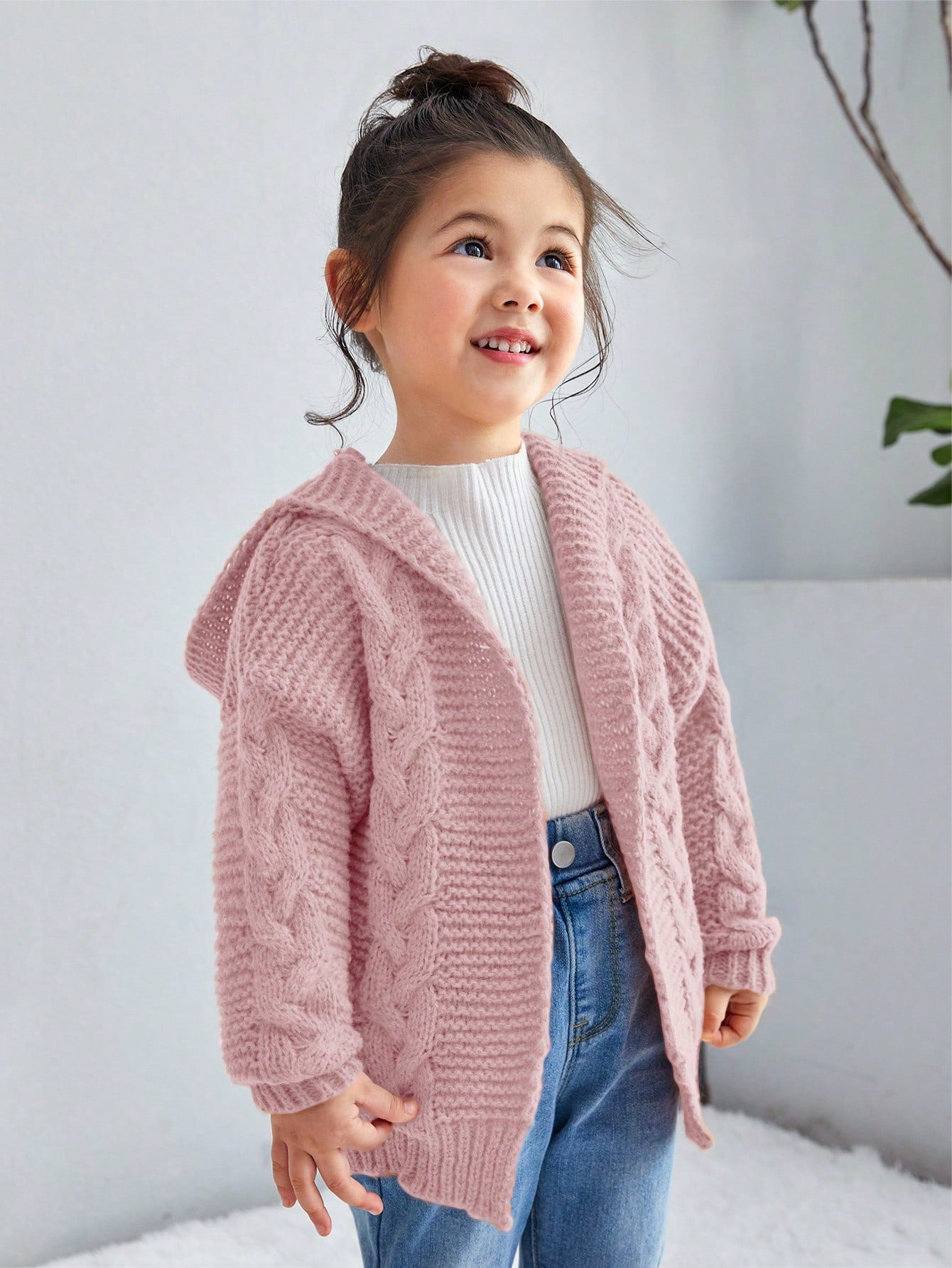 Young Girl Cable Knit Drop Shoulder Hooded Cardigan