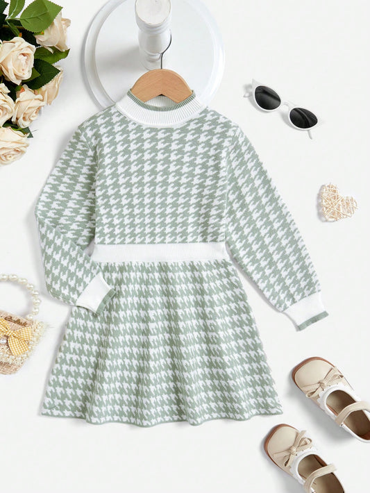 Young Girl Houndstooth Pattern Mock Neck Sweater Dress