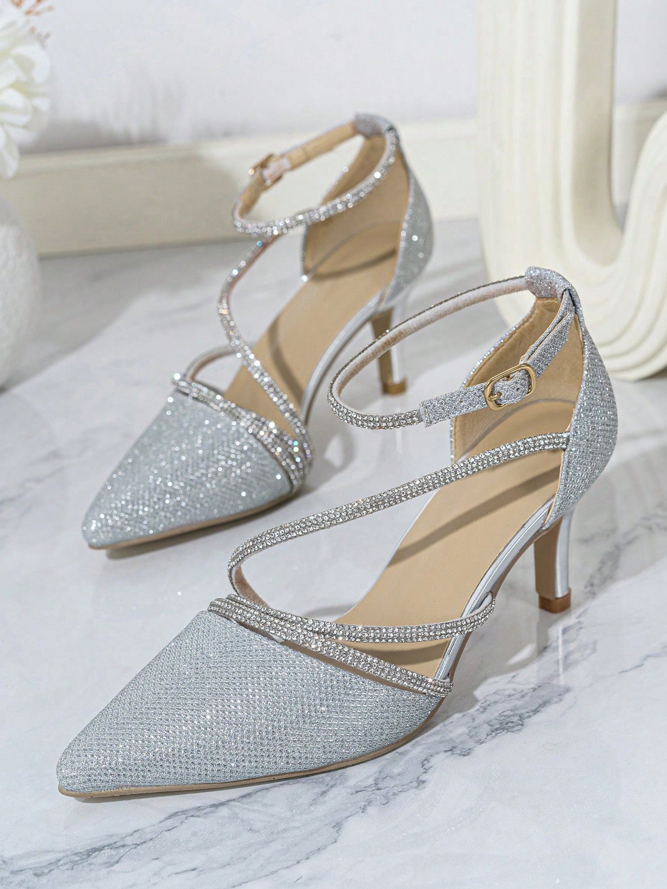 Gold Powder Silver Color Rhinestone Decorated Pointed High Heels