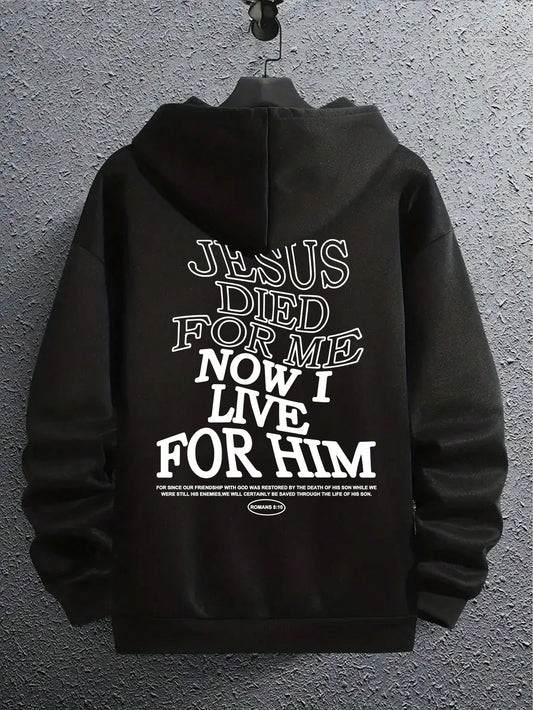 Men Slogan & Cross Graphic Drop Shoulder Drawstring Hoodie