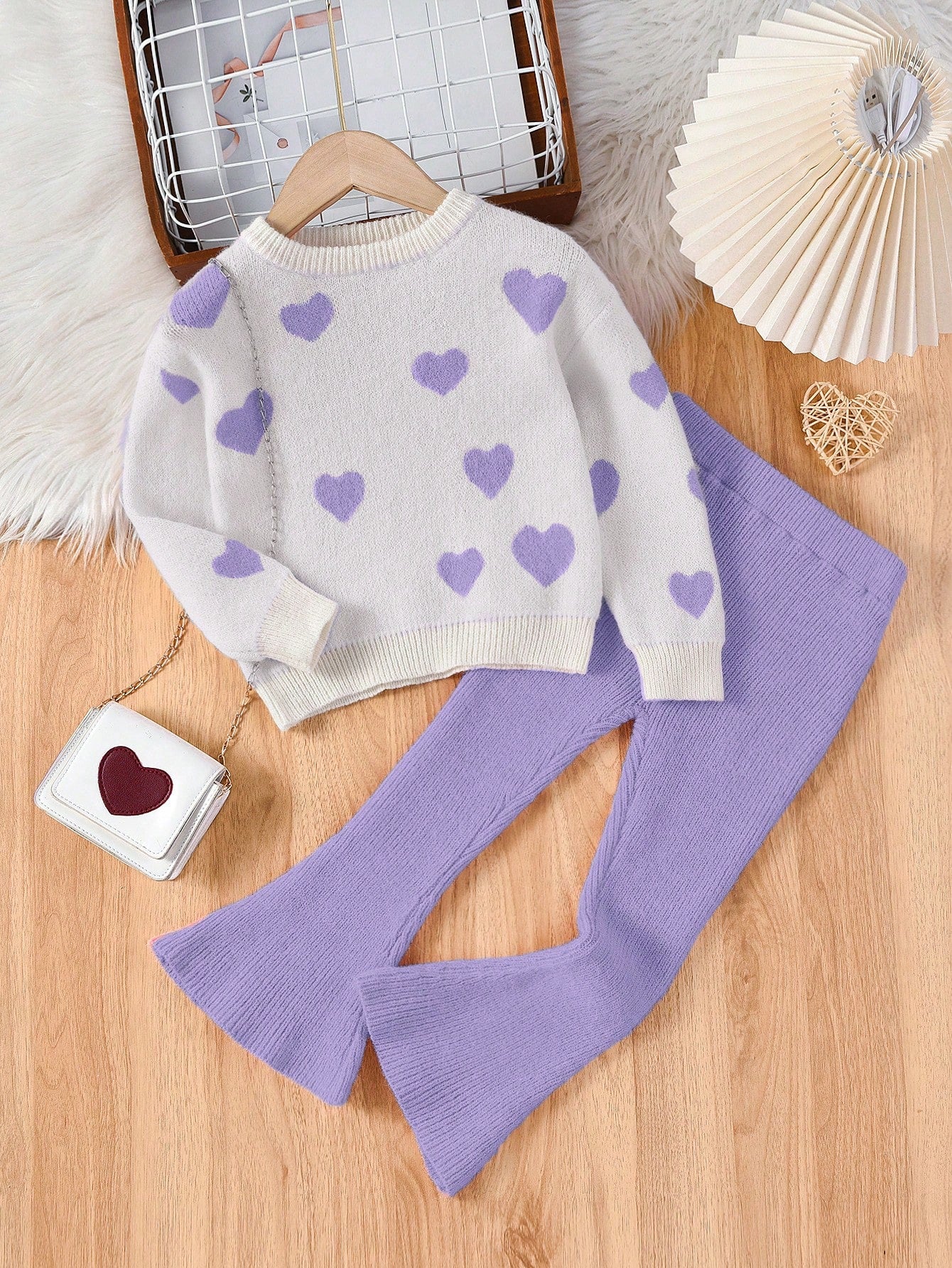 Young Girl Heart Pattern Sweater & Flare Leg Knit Pants