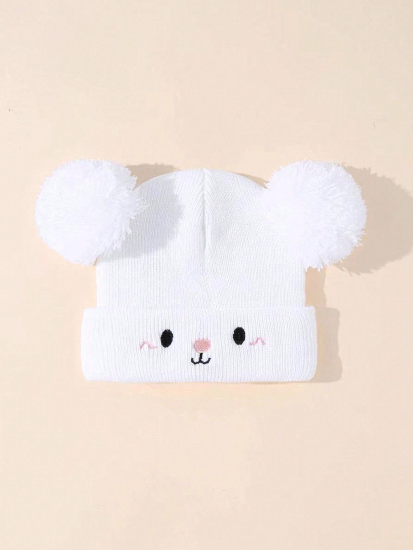 1pc White Color Y2k Style Knitted Hat With Pom Pom & Bear Ear Design, Ideal For Outdoor Sports And Daily, Warm Winter Beanie For Baby Boys And Girls