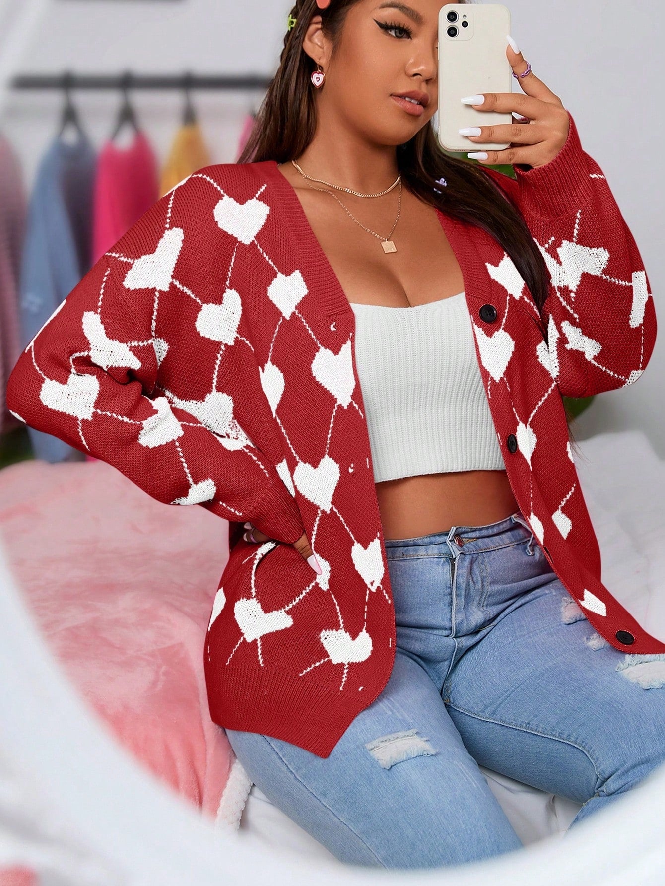 Qutie Plus Heart & Argyle Pattern Drop Shoulder Cardigan