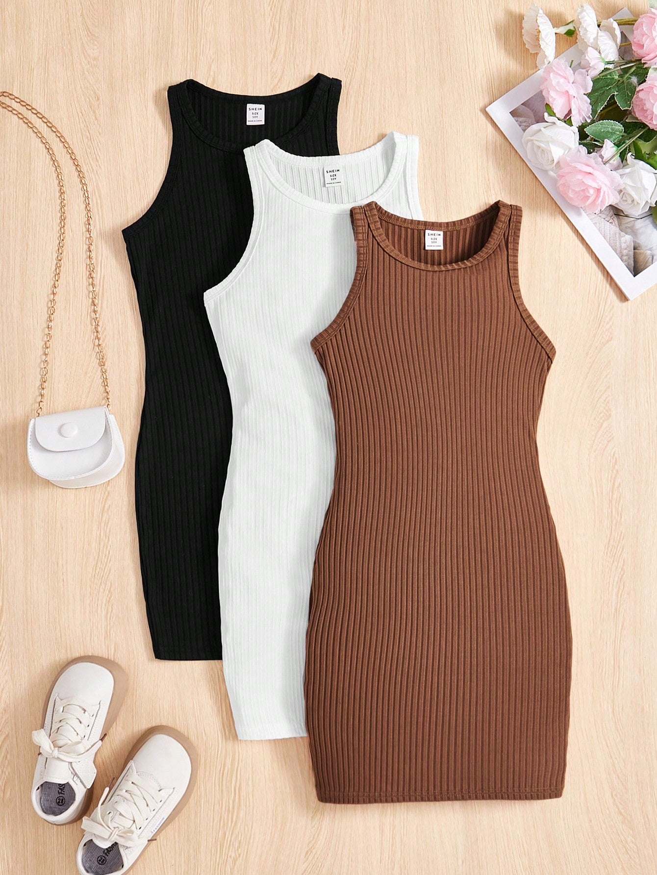 Tween Girls' Knitted Solid Color Sleeveless Bodycon Dress Set With Round Neck And Outerwear