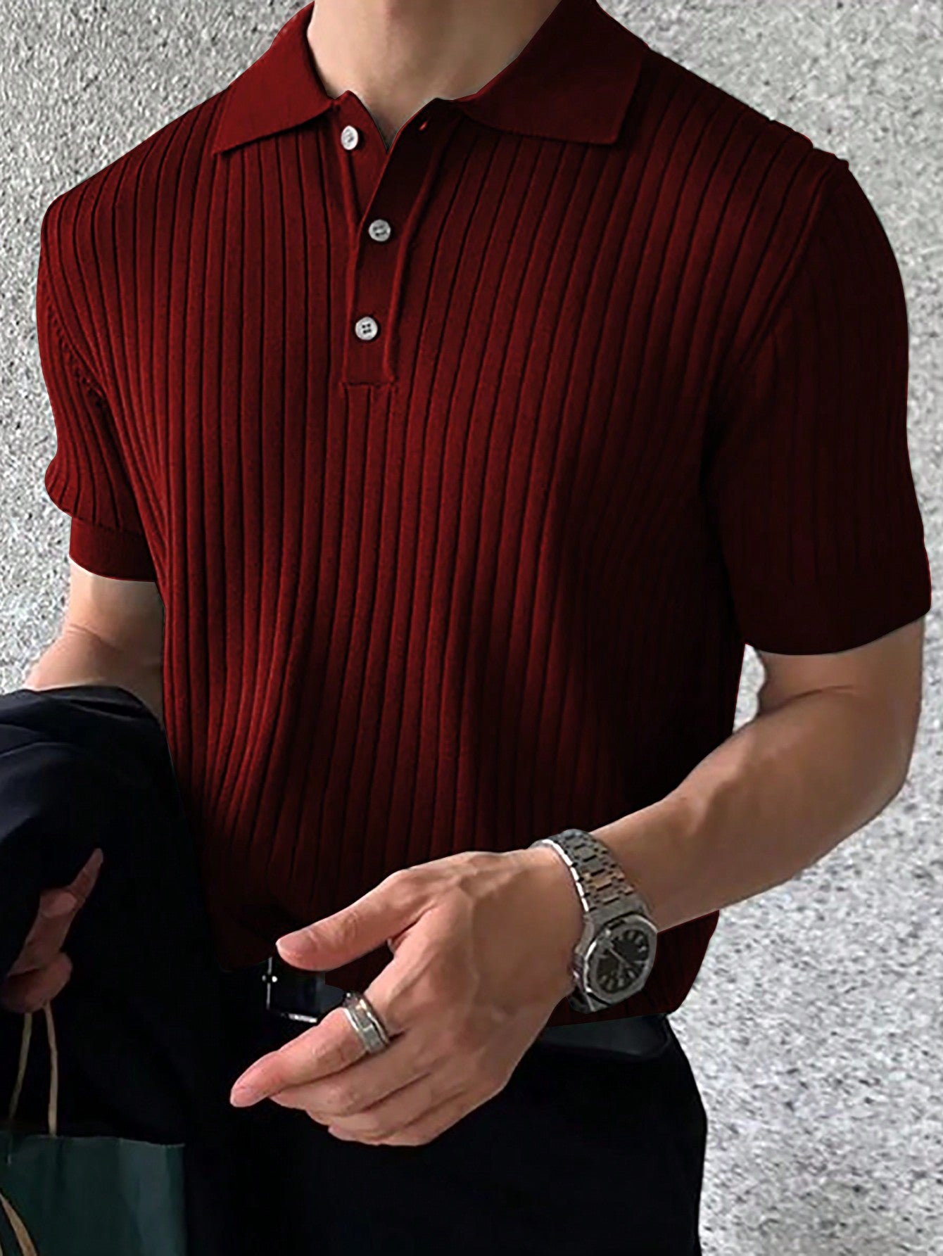 Men Polo Neck Ribbed Knit Top