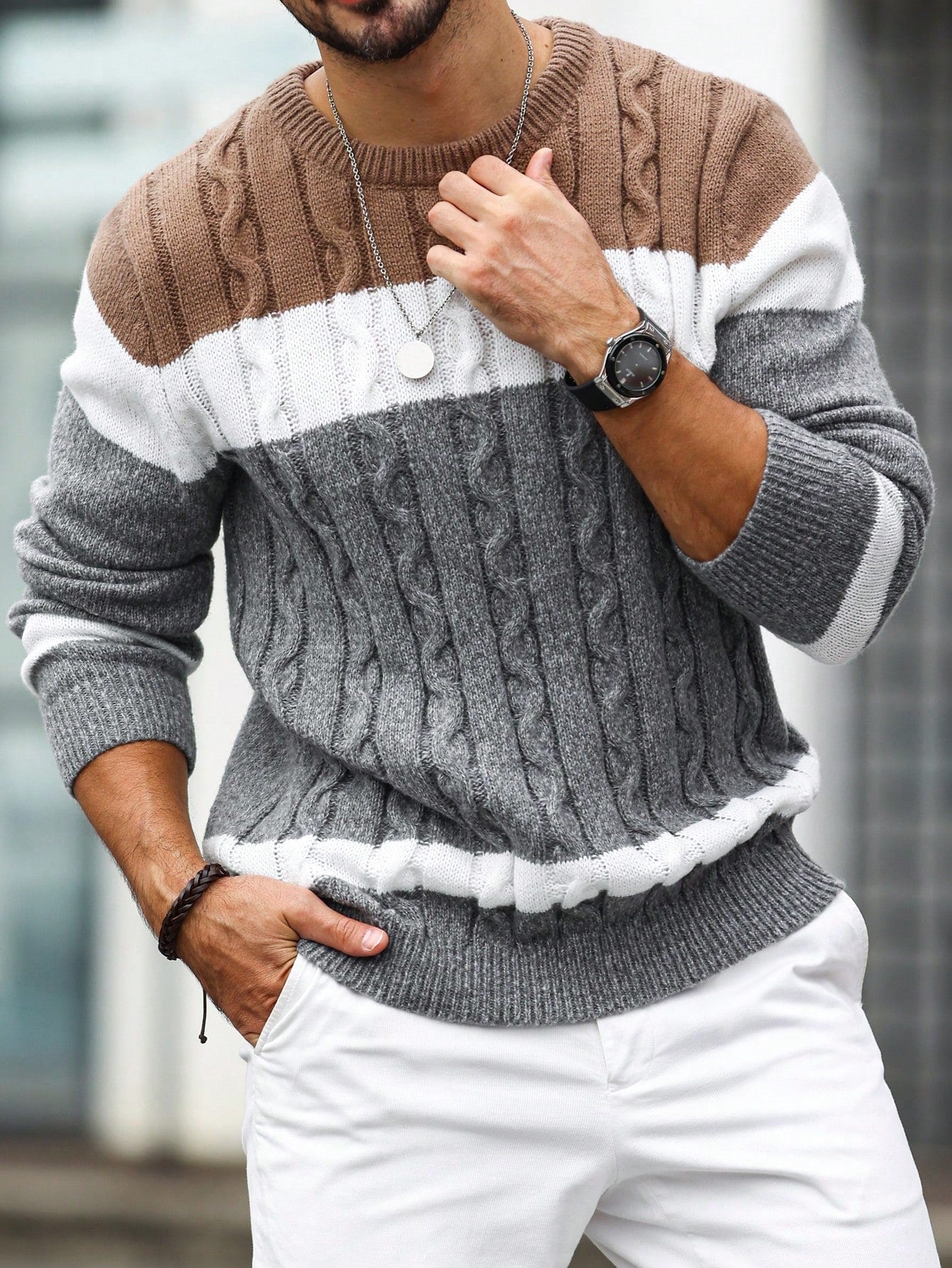 Men's Color Blocking Cable Knitted Sweater , Crew Neck Long Sleeve Knit Block Light Grey Going Out Business Casual Husband