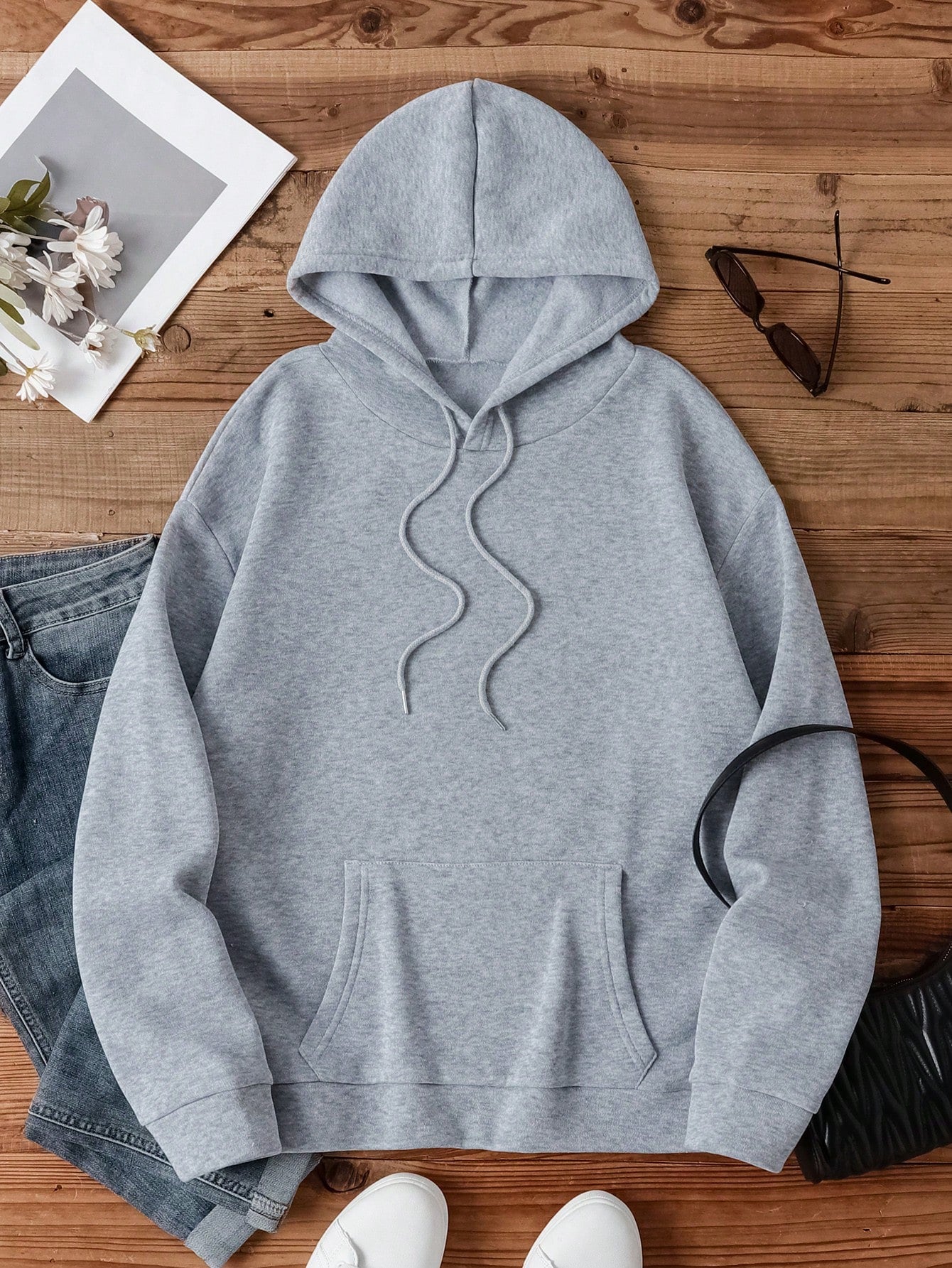 Solid Kangaroo Pocket Drawstring Thermal Lined Hoodie