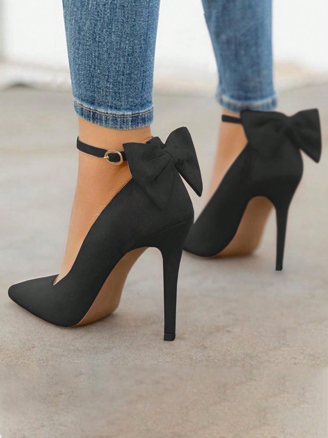 Party Dating Women Pointed Toe High Heels Pumps Stiletto Ankle Strap Dress Pump Shoes With Bow Tie  Valentine's Day