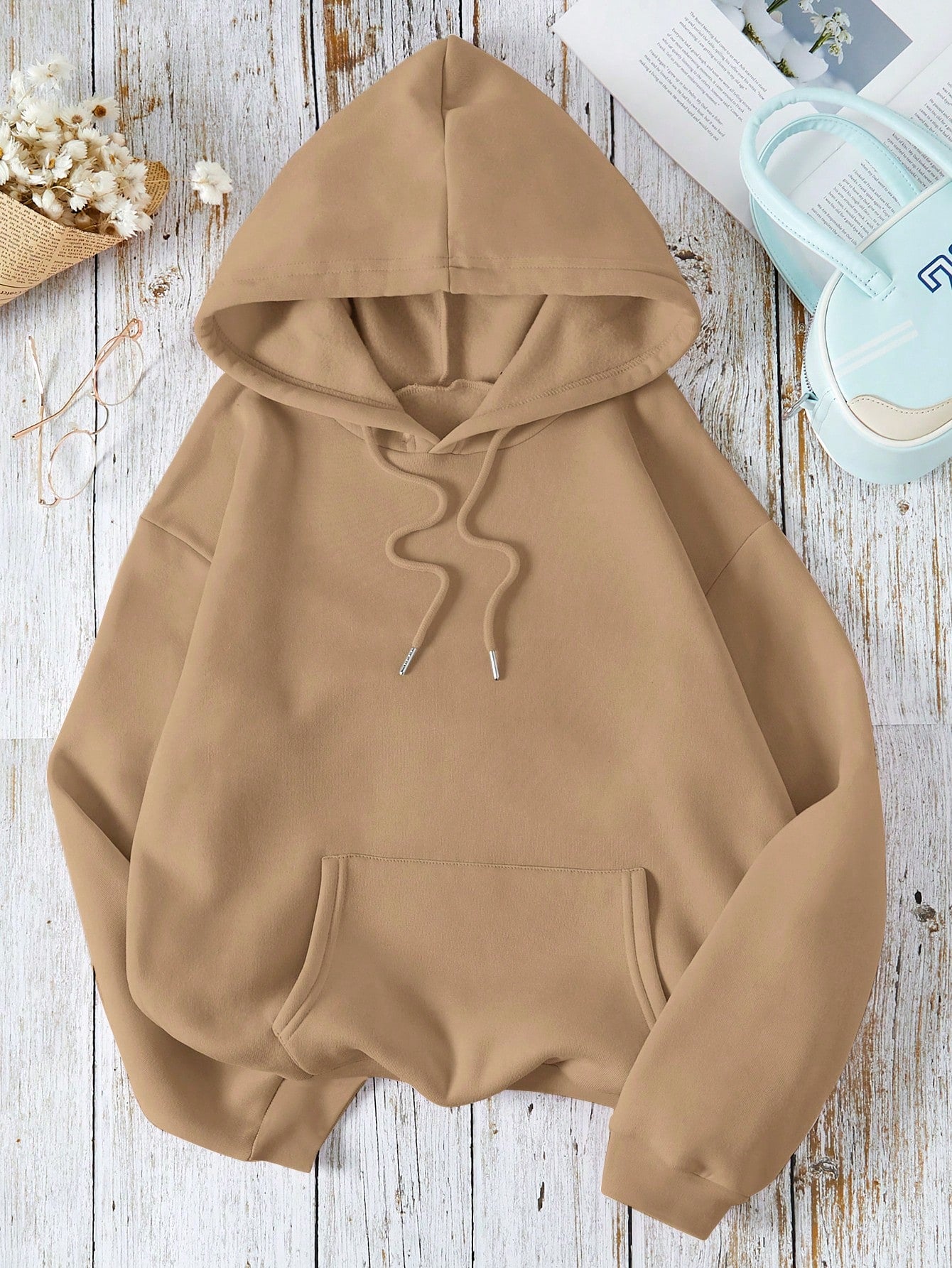 Solid Kangaroo Pocket Drawstring Thermal Lined Hoodie