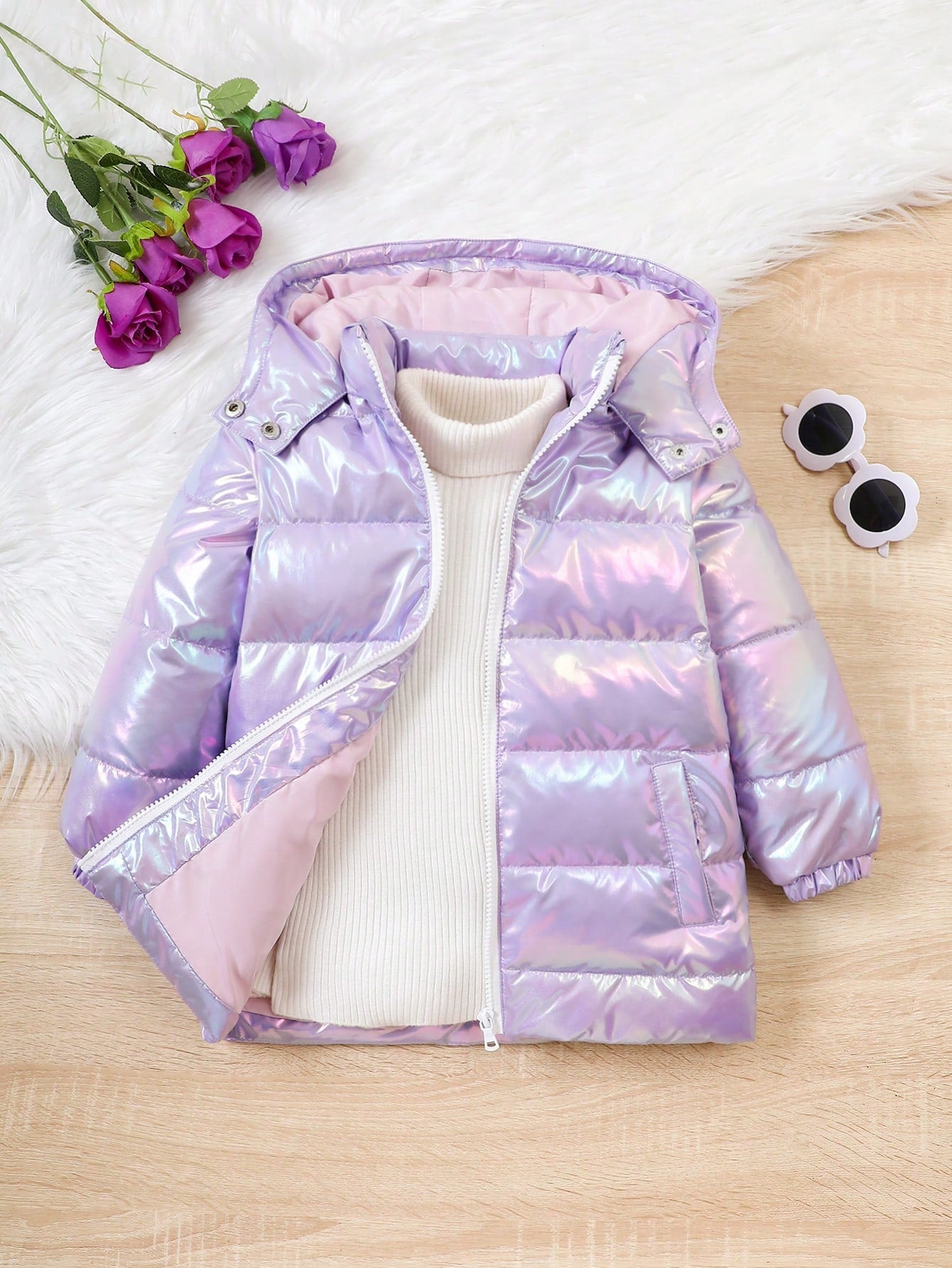 Toddler Girls' Plain Holographic Hooded Down Coat Suitable For Autumn And Winter