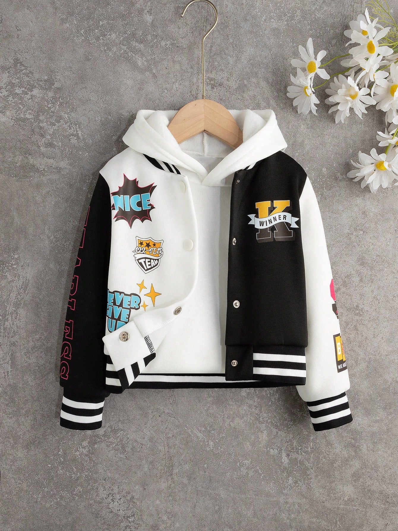 Streecool Kids Young Girl Letter Graphic Colorblock Varsity Jacket Without Hoodie