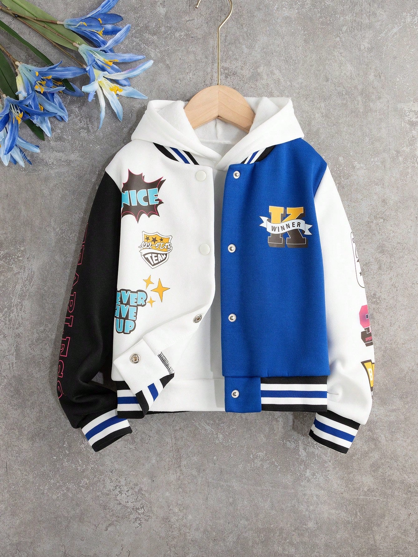 Streecool Kids Young Girl Letter Graphic Colorblock Varsity Jacket Without Hoodie