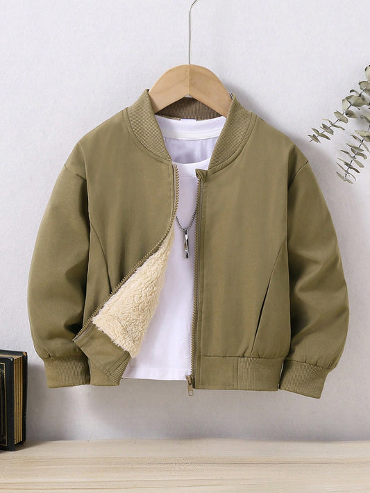 Young Boy Solid Color Drop Shoulder Long Sleeve Campus Jacket