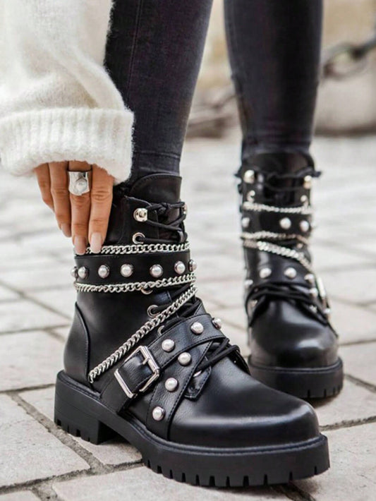 Women's Lace-up Platform Ankle Boots Gothic Thick Sole Boots Metalic Decoration Chain Zipper Punk Style Motorcycle Boots Black