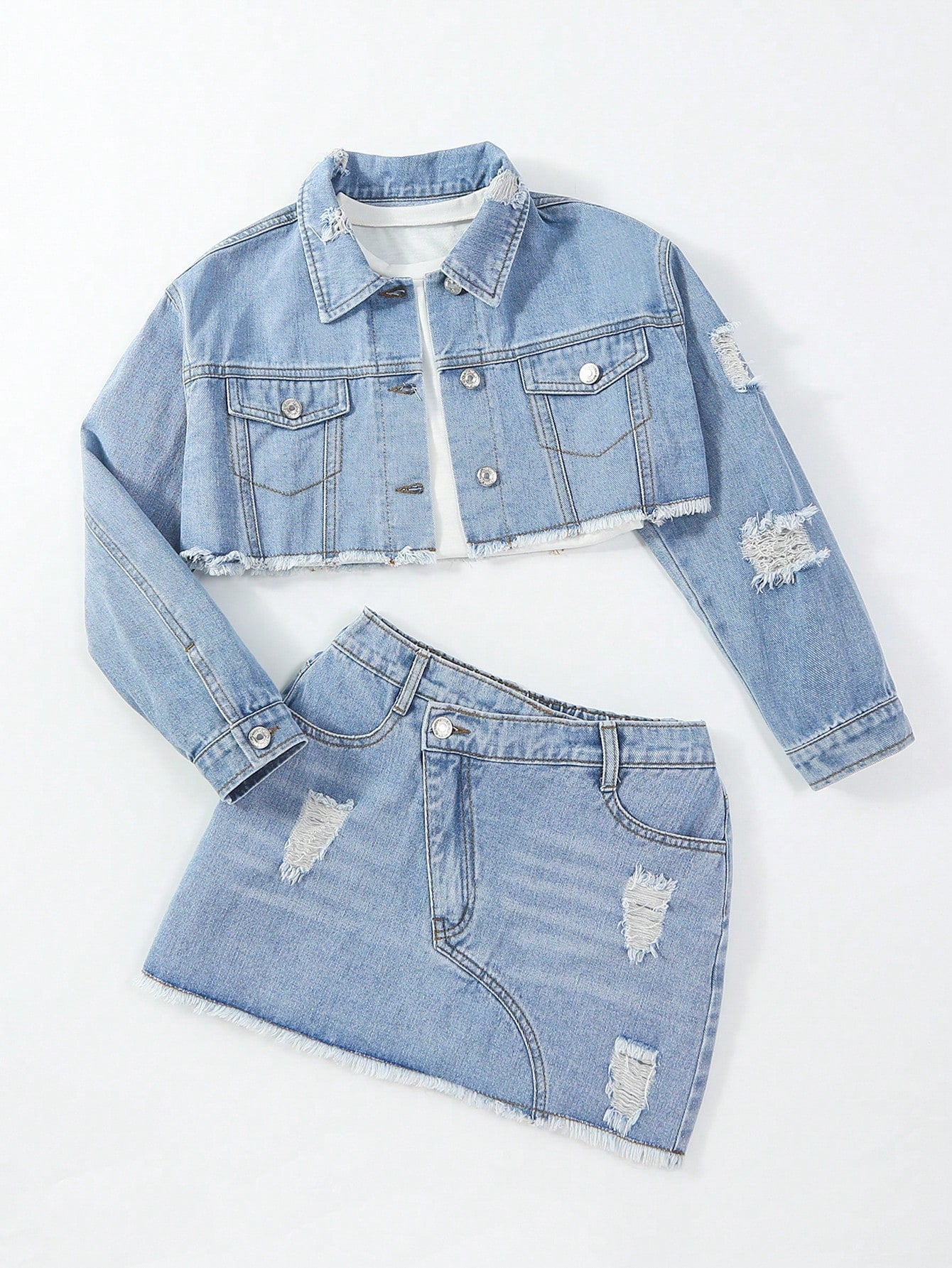 Tween Girl Vintage All-Match Simple Ripped Loose Comfortable Denim Two-Piece Set For Street Fashion