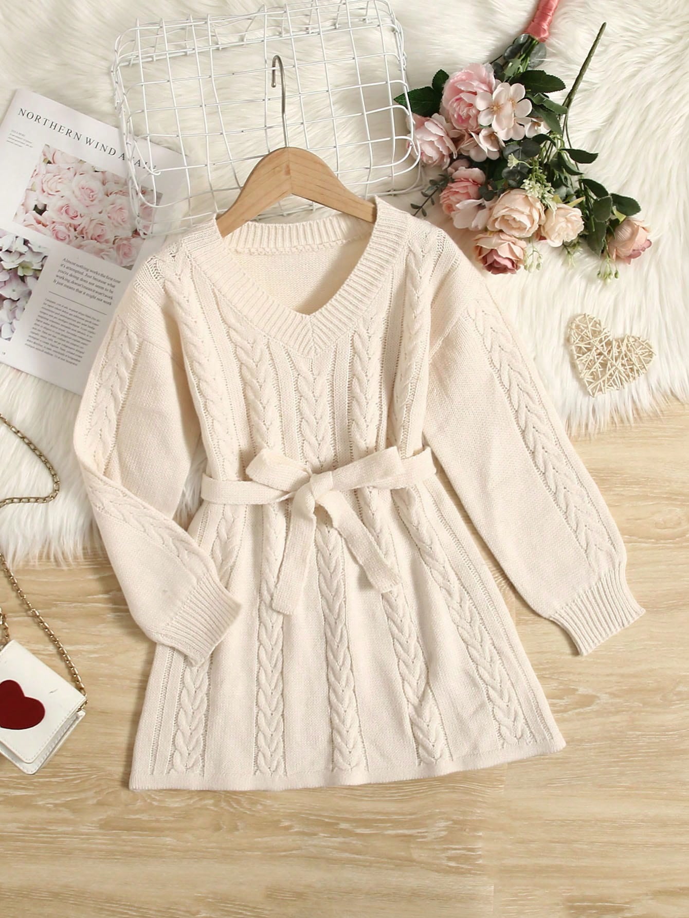 Tween Girl Cable Knit Drop Shoulder Belted Sweater Dress