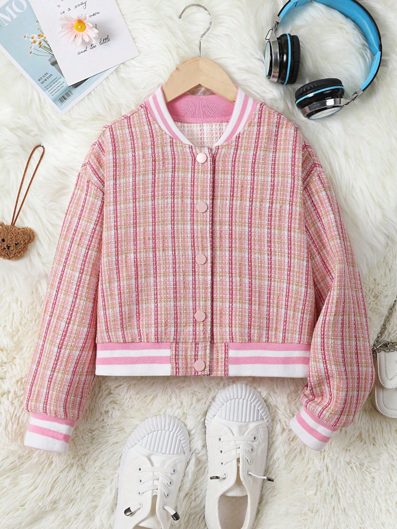 Tween Girls' Plaid Baseball Jacket