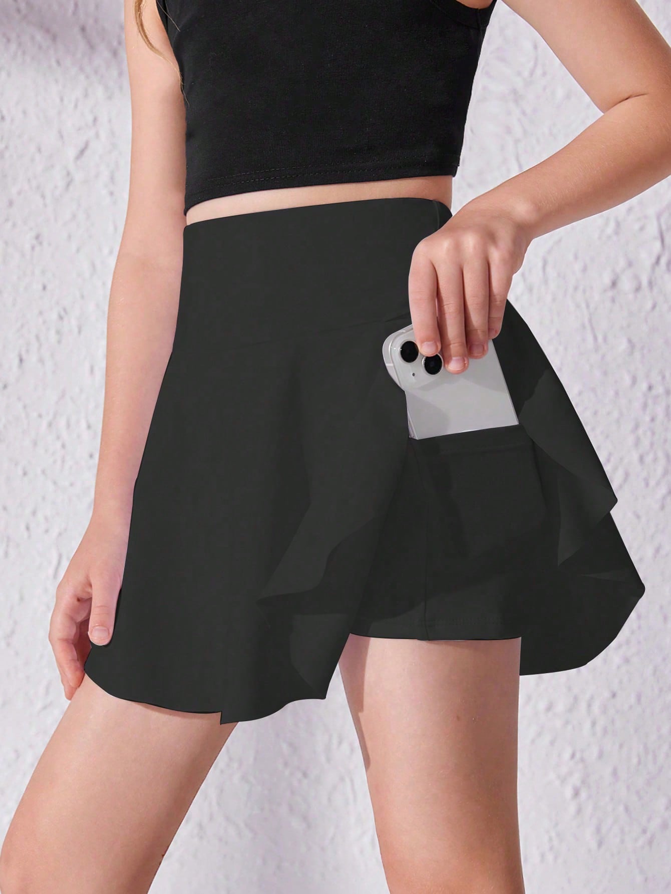 Teen Girls' Wide Waist Solid Color Sport Skirt With Phone Pocket