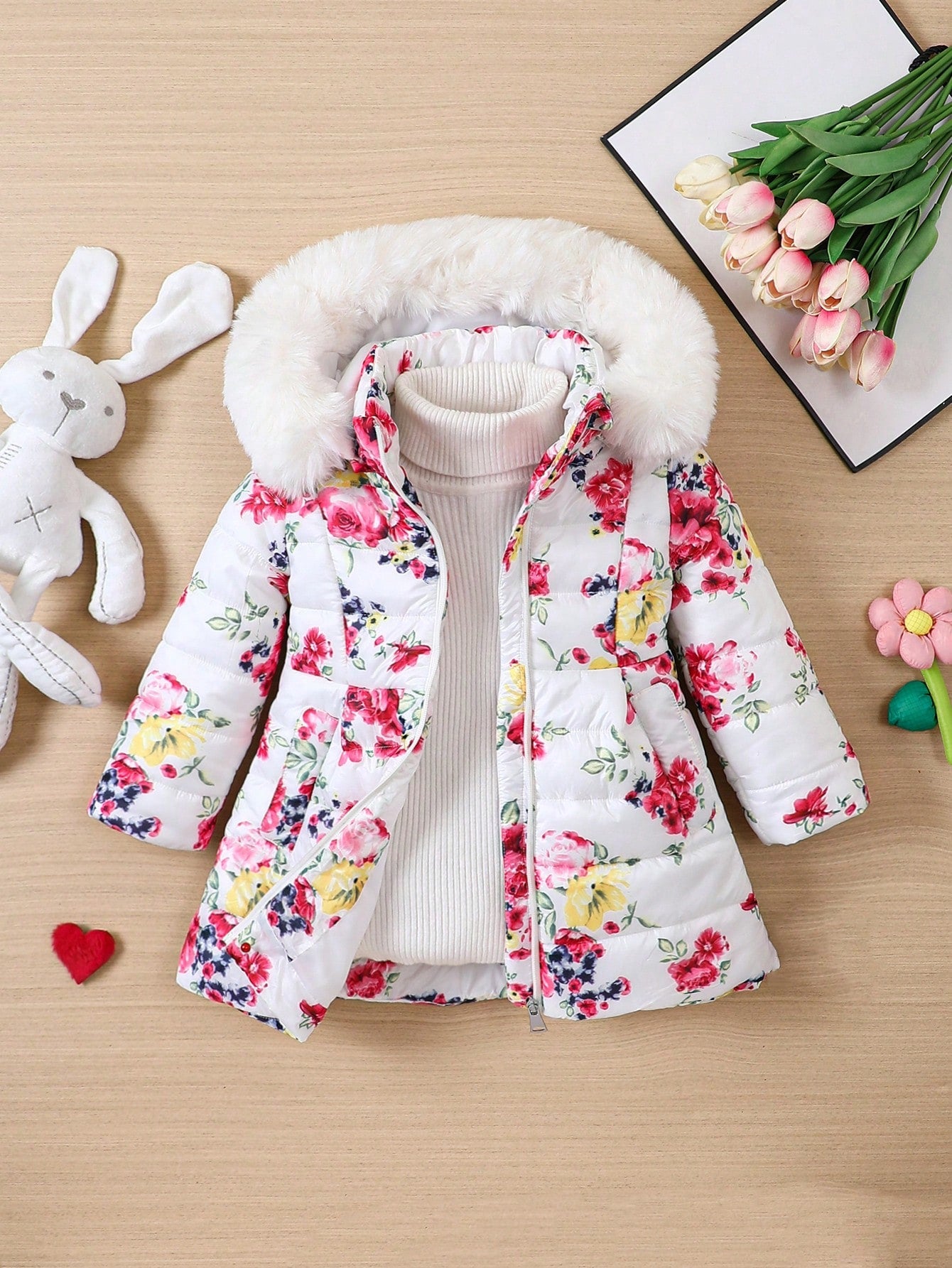 Little Young Girl Hooded Padded Coat With Floral Print And Fuzzy Detail