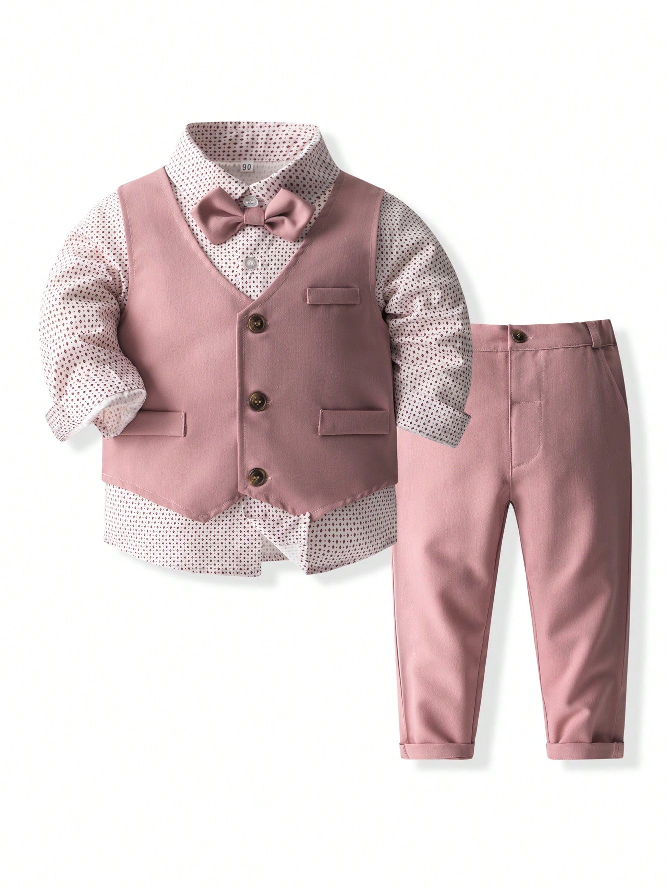 Young Boy 3-Piece Suit Set With Solid Color Vest, Pants, And Polka Dot Shirt