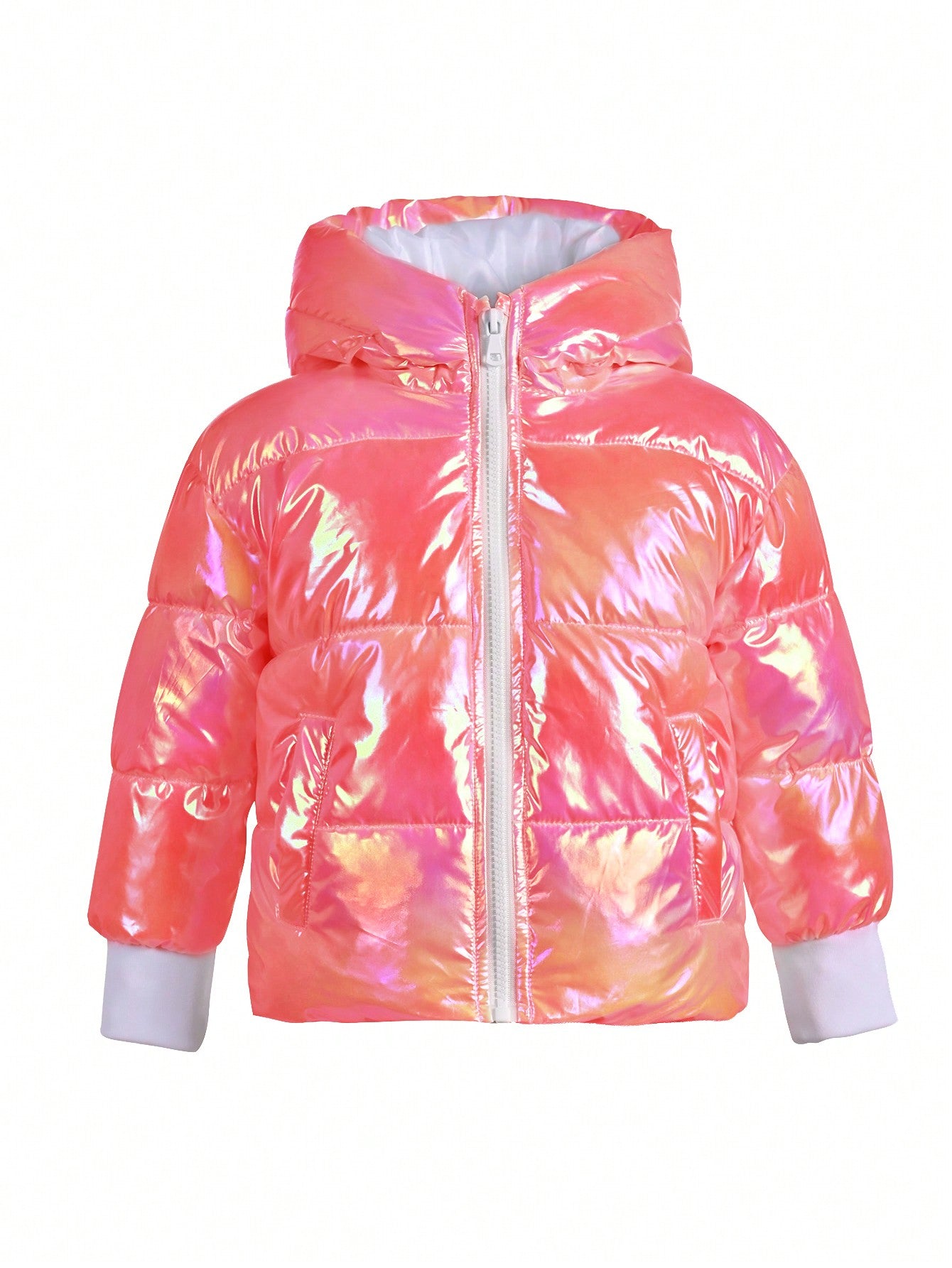 Little Girls' Hooded Coat With Colorful Zipper For Casual Wear, Fall/Winter