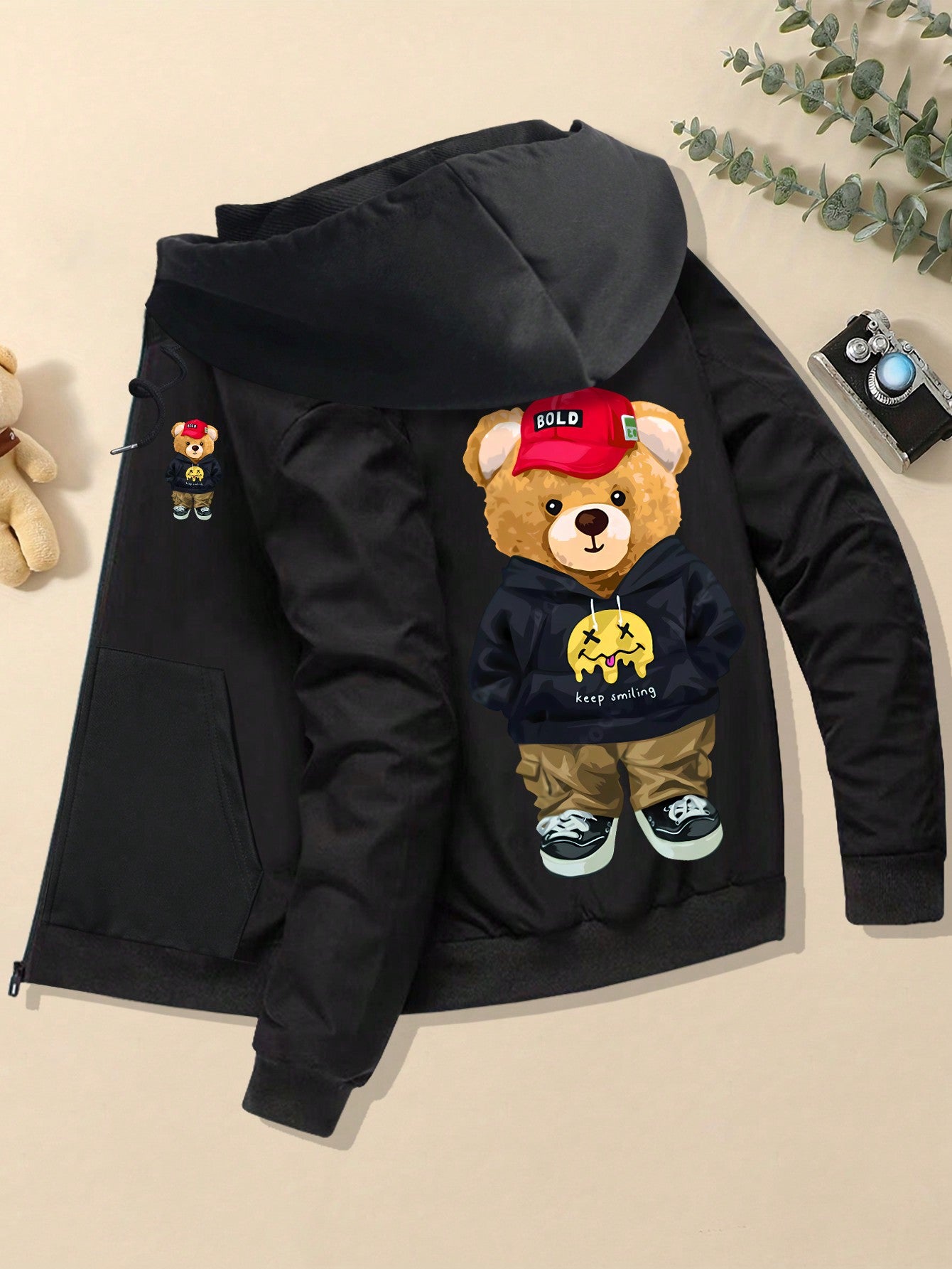 Men's Vintage American Style Windproof Teddy Bear Pattern Printed Coat For Casual, Running, Hiking, Camping, Winter