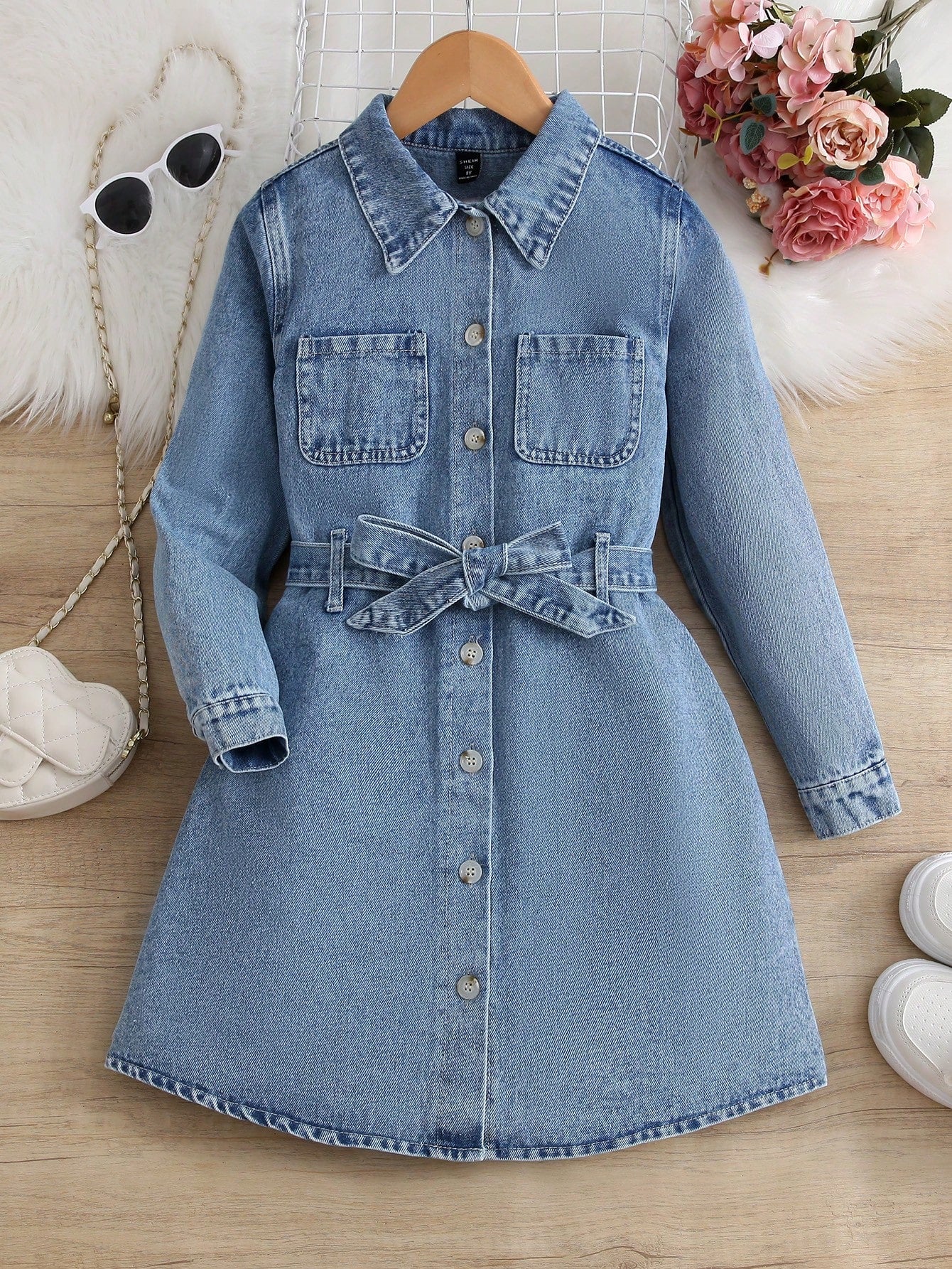 Tween Girls' Blue Casual Denim Dress With Belt